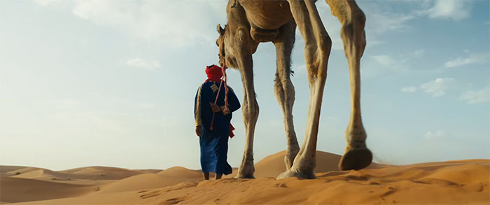 Chamelier conduisant son chameau sur les dunes de Merzouga
